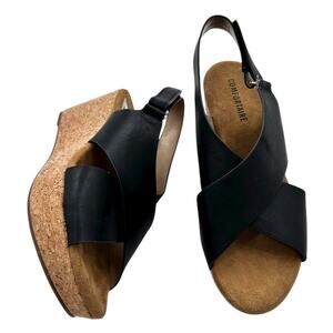 Comfortaire Cork Wedge Black Sandals with Adjustable Slingback Strap Size 7.5